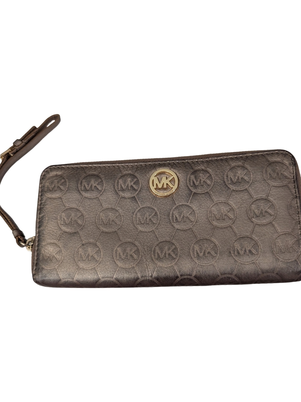 Michael Kors Embossed Purse Wristlet Wallet Metallic Brown Zip Around Clutch Bag
